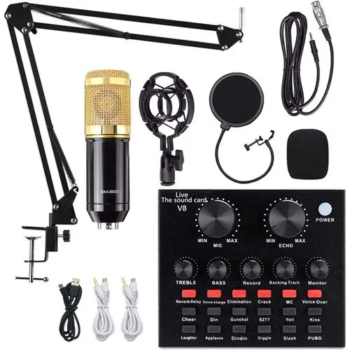 KEY FEATURES

Professional BM-800 Condenser Microphone: Cardioid pickup pattern reduces background noise and captures high-fidelity, studio-quality sound for singing, podcasting, streaming, and voice recording.
High Sensitivity & Wide Frequency Response: Captures audio across 20Hz–20kHz, ensuring every note and word is clear and natural.
V8 Live Sound Card: External USB audio interface with real-time effects including echo, reverb, pitch control, cheering, laughter, and more, ideal for live streaming, recording, and broadcasting.
Adjustable Scissor Arm Stand & Shock Mount: Flexible positioning for optimal microphone placement while reducing vibrations and noise from movement or desk contact.
Pop Filter & Foam Cap: Minimizes plosive sounds and protects the microphone, delivering crisp and professional audio output.
Multi-Device Compatibility: Works with PCs, laptops, mobile phones, and tablets; supports dual mobile live streaming and computer synchronous broadcasting. (photo 1)