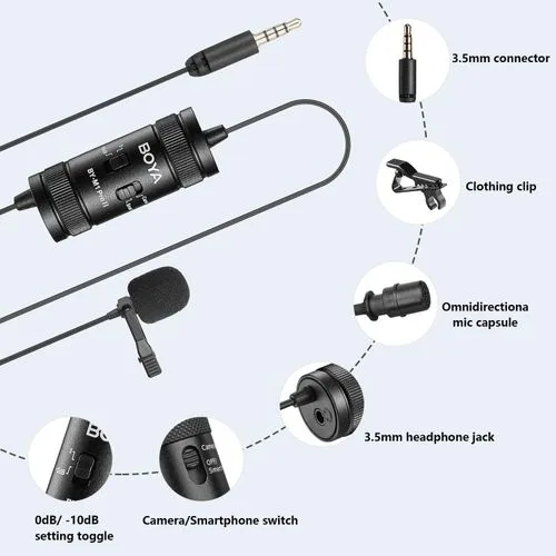 Professional omnidirectional condenser microphone for clear and accurate voice capture
Compatible with smartphones, DSLR cameras, laptops, and audio recorders
Includes 6-meter (20 feet) cable for flexibility and ease of movement
Switchable mode for smartphone and camera use with included LR44 battery
3.5mm TRRS gold-plated plug ensures stable and noise-free connections
Comes with lapel clip, foam windscreen, 6.5mm adapter, and carrying pouch
Ideal for video shooting, interviews, podcasting, teaching, vlogging, and live streaming
