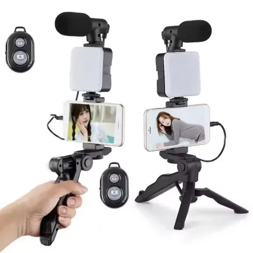 Key Features

All-in-One Vlogging Kit – Includes microphone, tripod, LED light, and phone holder
Clear Audio Recording – Microphone captures crisp, professional-quality sound
Adjustable Tripod Stand – Provides stable and shake-free video recording
LED Video Light – Bright, adjustable lighting for better video quality
Universal Phone Holder – Compatible with most smartphones
Portable & Lightweight – Easy to carry for outdoor and travel use
Easy Setup – Quick assembly with no technical skills required
Multi-Purpose Use – Ideal for vlogging, streaming, interviews, and online classes